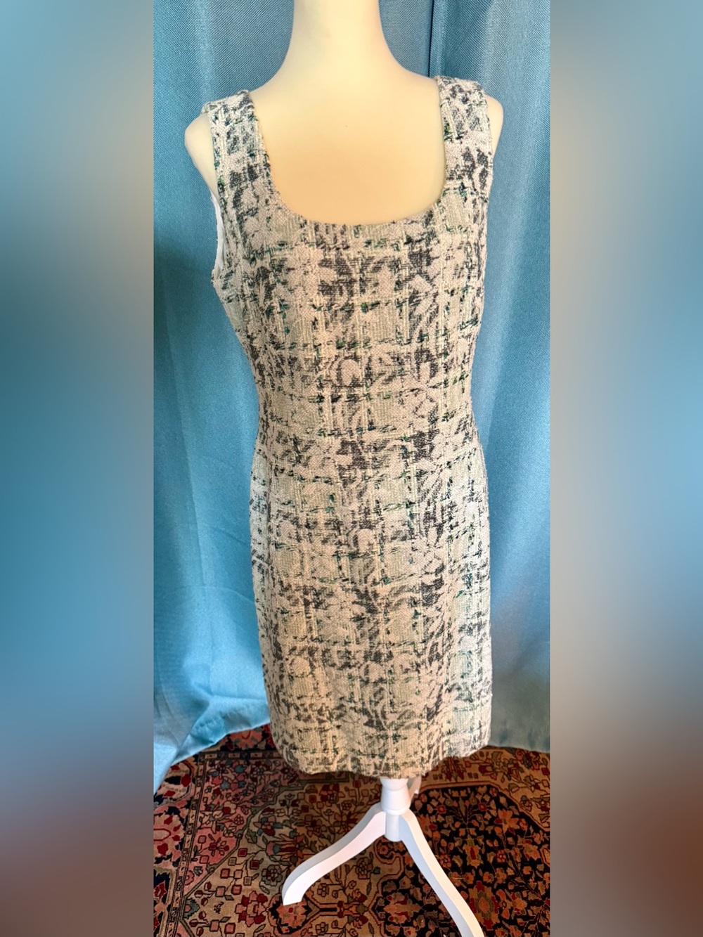 Lafayette 148 New York Cream Tweed Midi Sheath with Black and Green Accents